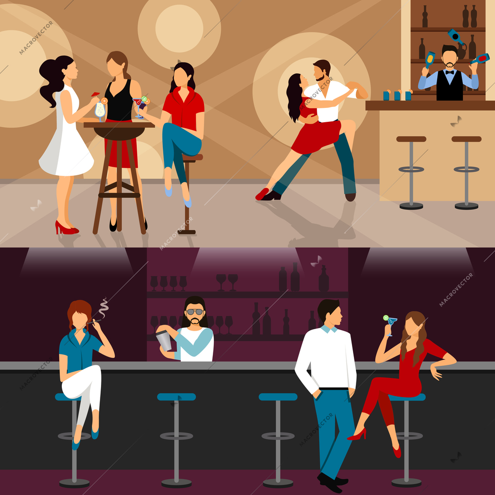 People drinking in bar horizontal banner set isolated vector illustration
