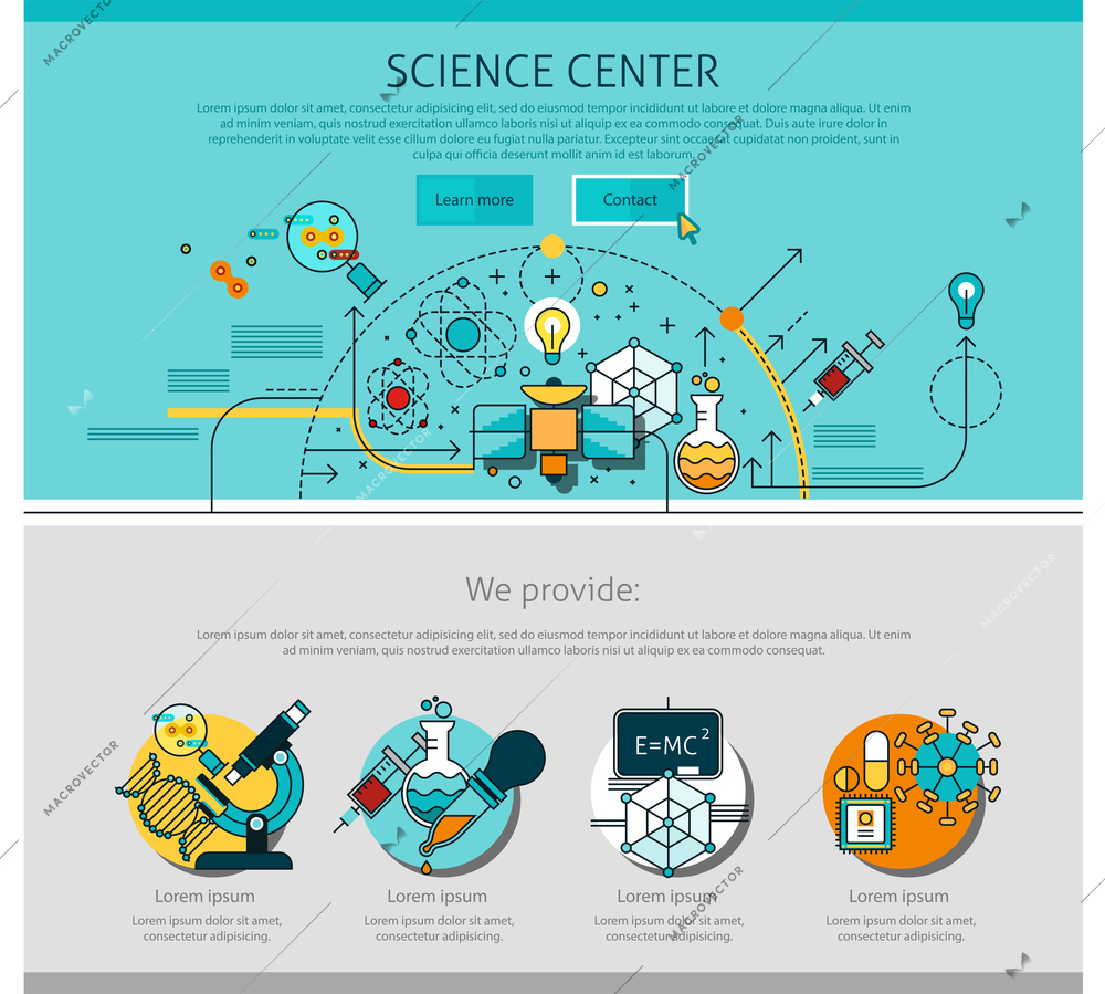 Science center line page with chemistry and physics symbols flat isolated vector illustration