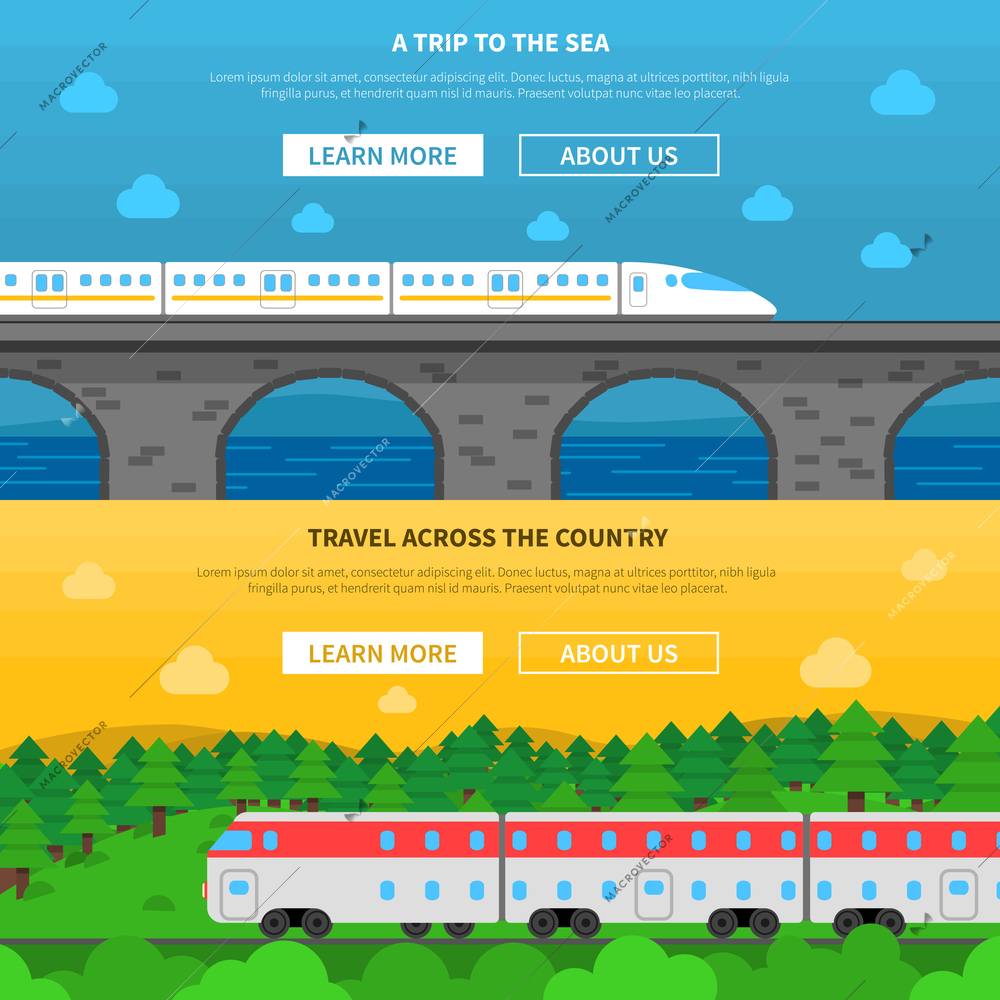 Railway horizontal banner set with trains with nature background isolated vector illustration