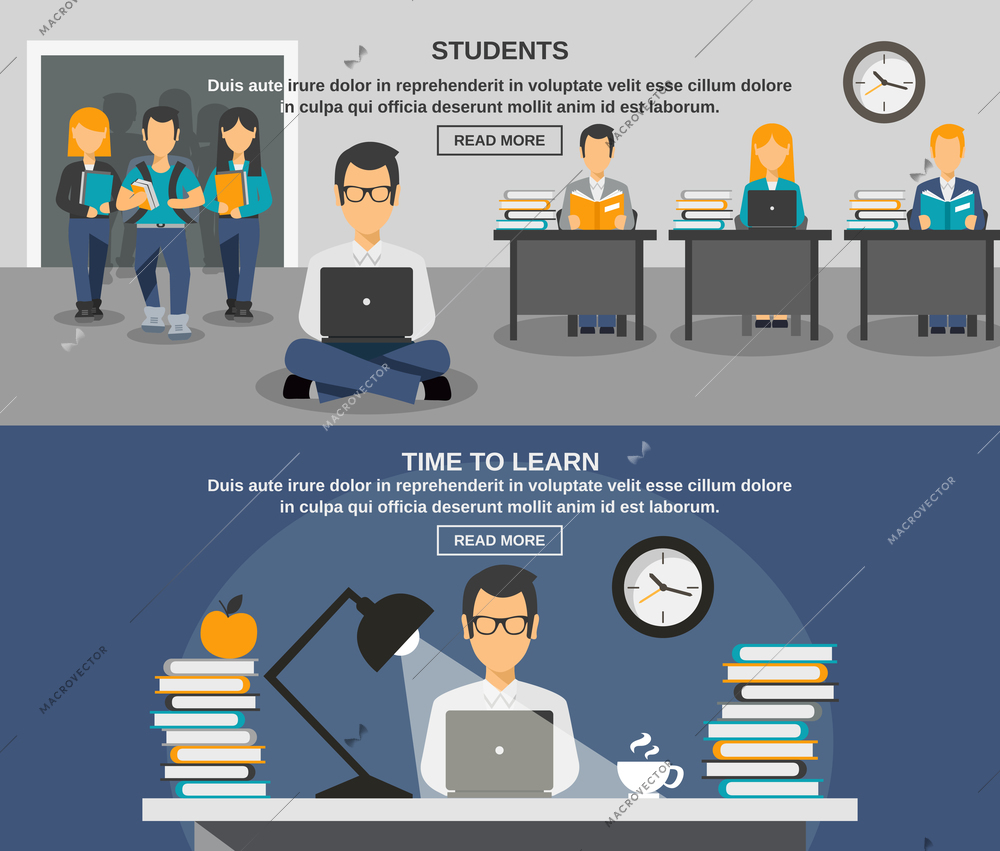 Student horizontal banner set with young people studying isolated vector illustration