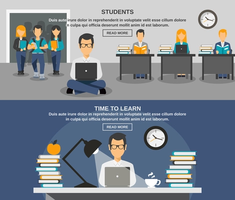 Student horizontal banner set with young people studying isolated vector illustration