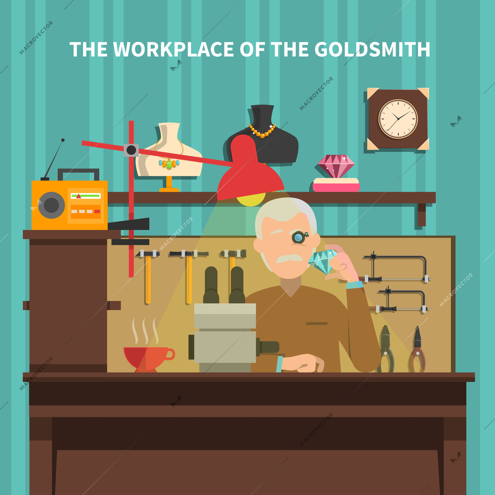 Workplace of goldsmith with jewels room furniture and equipment flat vector illustration