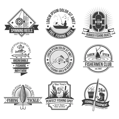 Fishing black white emblems set with fishing club and equipment symbols flat isolated vector illustration