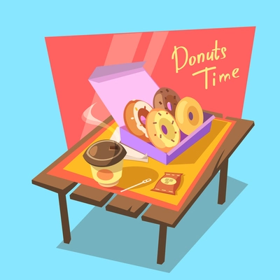 Donuts time concept with fresh bakery in paper box and drink cup retro cartoon vector illustration