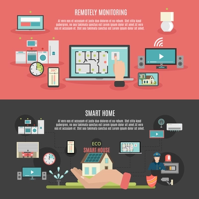 Smart home iot internet of things remote control and monitoring 2 flat banner isolated abstract vector illustration