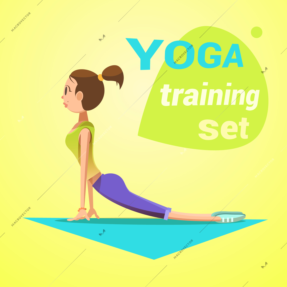 Yoga retro cartoon with young girl in snake pose vector illustration