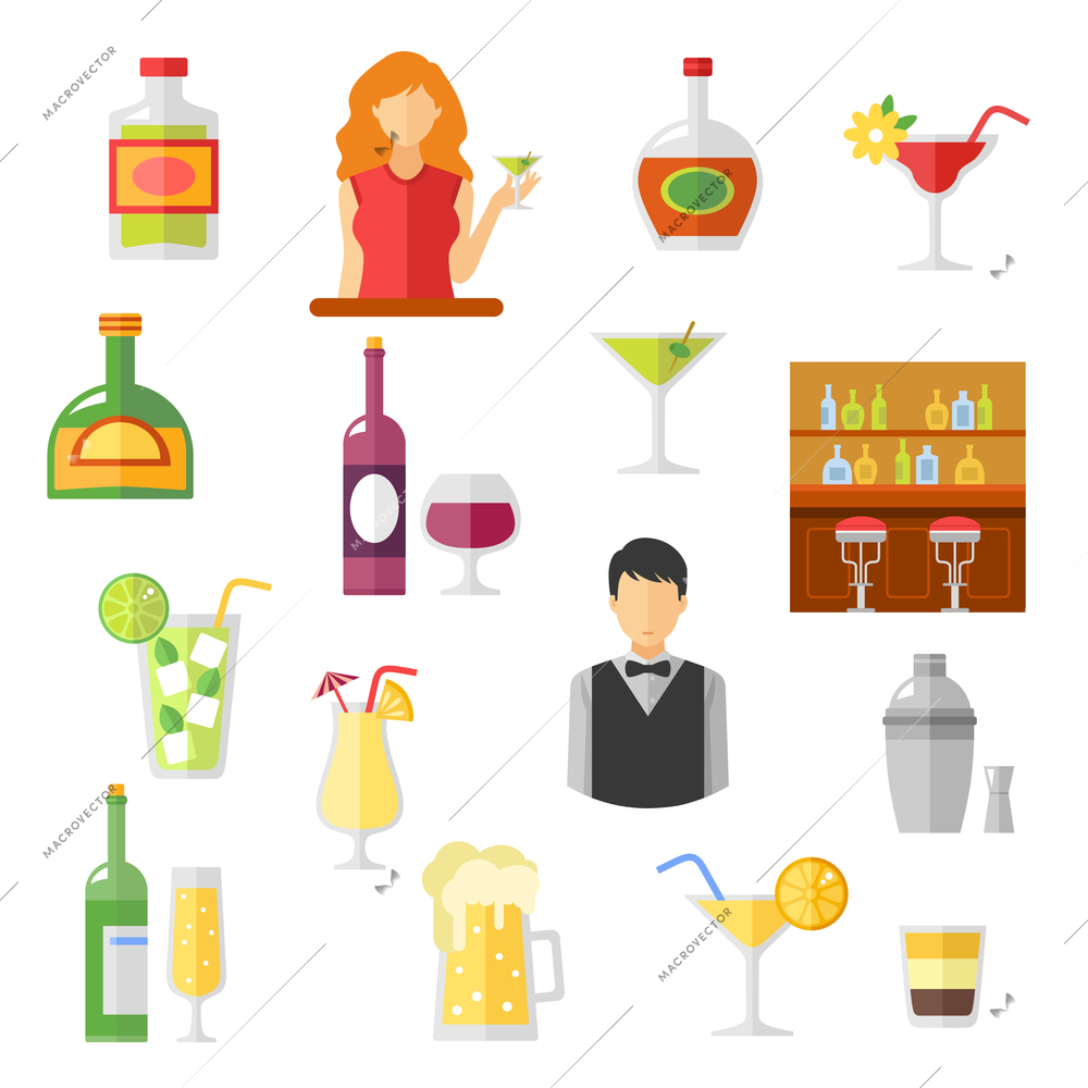 Bar cocktails and alcohol drinks shaker with barmen and customers flat Icons collection abstract isolated  vector illustration