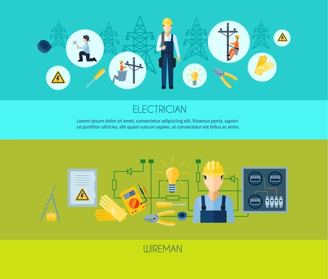 Two flat style horizontal banners presenting electrician and wireman with titles under images vector illustration