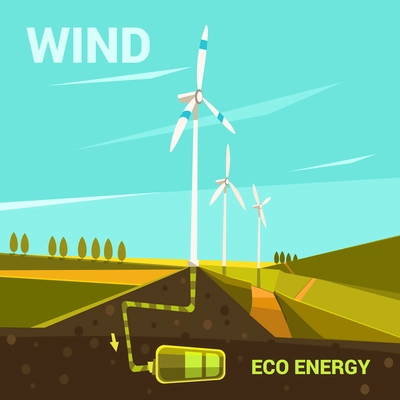 Ecological energy cartoon poster with windmills on a field retro style vector illustration