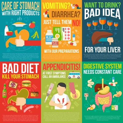 Digestion posters set with bad diet and appendicitis symbols flat isolated vector illustration