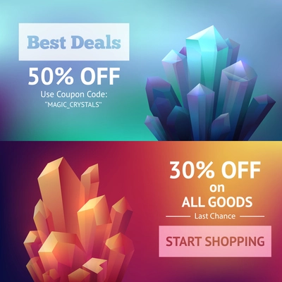 Crystal mineral sale offer horizontal banners set isolated vector illustration