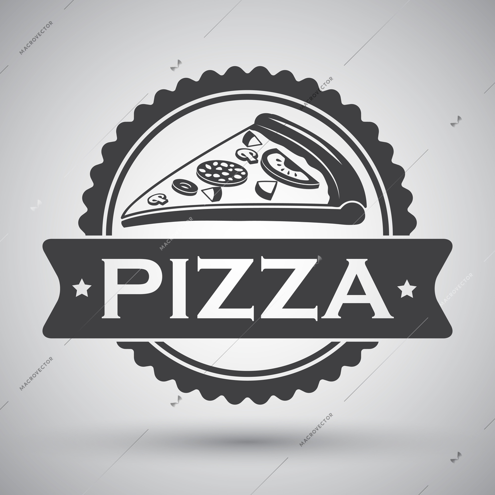 Fast food cheese tomatoes salami pepper pizza slice emblem vector illustration