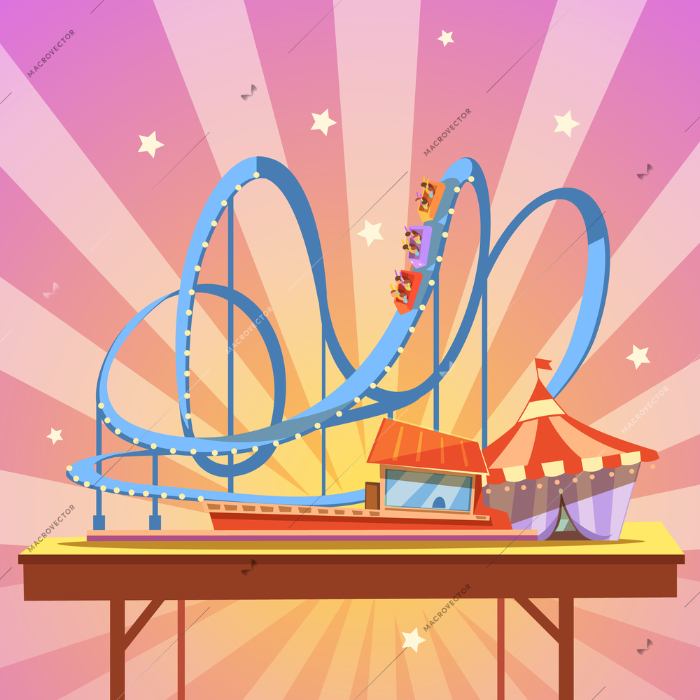 Amusement park cartoon with retro style rollercoaster on abstract background vector illustration