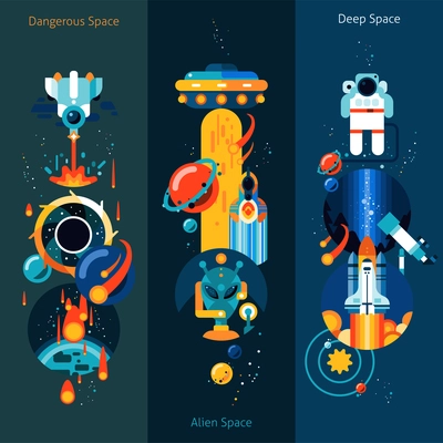 Space vertical banner set with dangerous alien elements isolated vector illustration