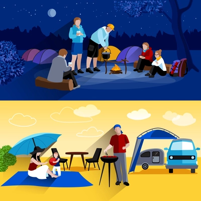 Camping horizontal banners set with camp at night and picnic symbols flat isolated vector illustration