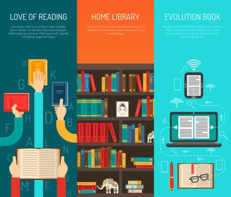 Home library evolution with e-books online reading 3 flat long hands vertical banners set isolated vector illustration