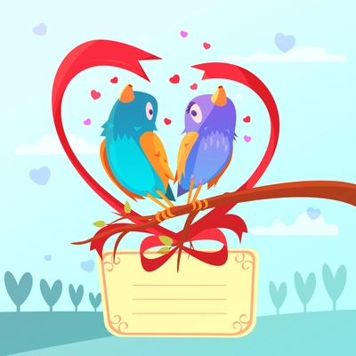 Valentine day retro cartoon card with birds couple vector illustration