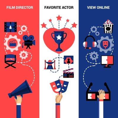 Cinema vertical banners with film director tools festival prize and view online icons vector illustration