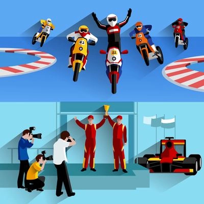 Racing and rally horizontal banners set with track photographers and victory symbols flat isolated vector illustration