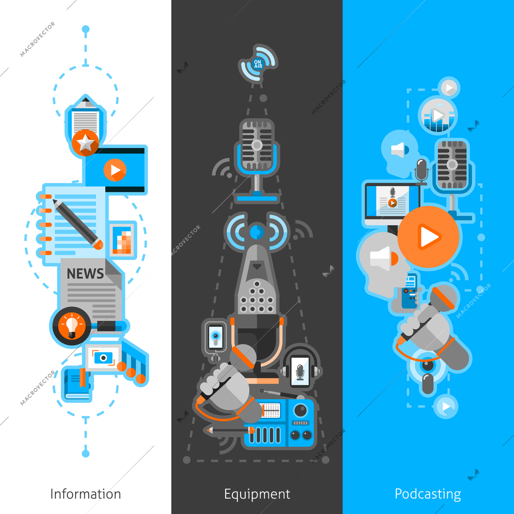 Poscast vertical banner set with information equipment flat elements isolated vector illustration