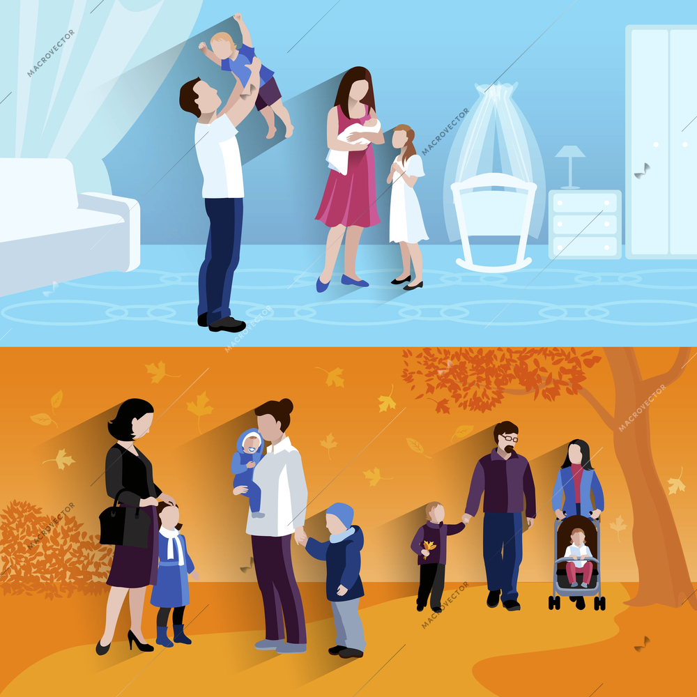 Parenting 2 flat banners square composition outdoors walking children and happy family home abstract isolated vector illustration