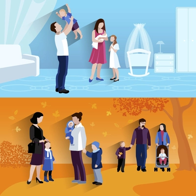 Parenting 2 flat banners square composition outdoors walking children and happy family home abstract isolated vector illustration