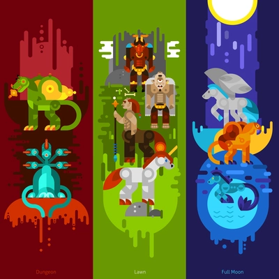 Three banners flat of mythical creatures with dungeon and lawn and full moon set vertical vector illustration