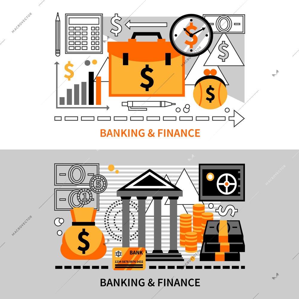 Flat horizontal banners on financial theme with coins card and dollar signs vector illustration