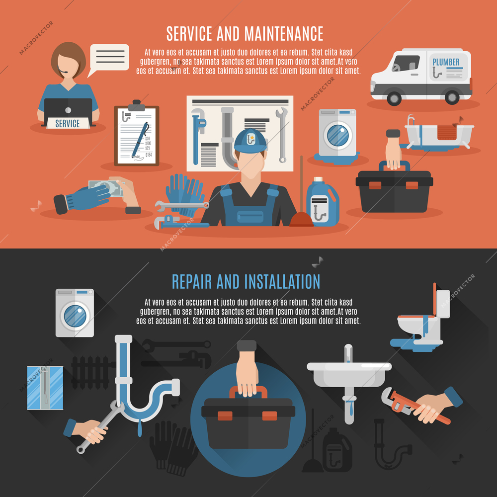 Plumbing sanitary repair installation maintenance and leakage fixing service 2 flat banners composition poster abstract vector illustration