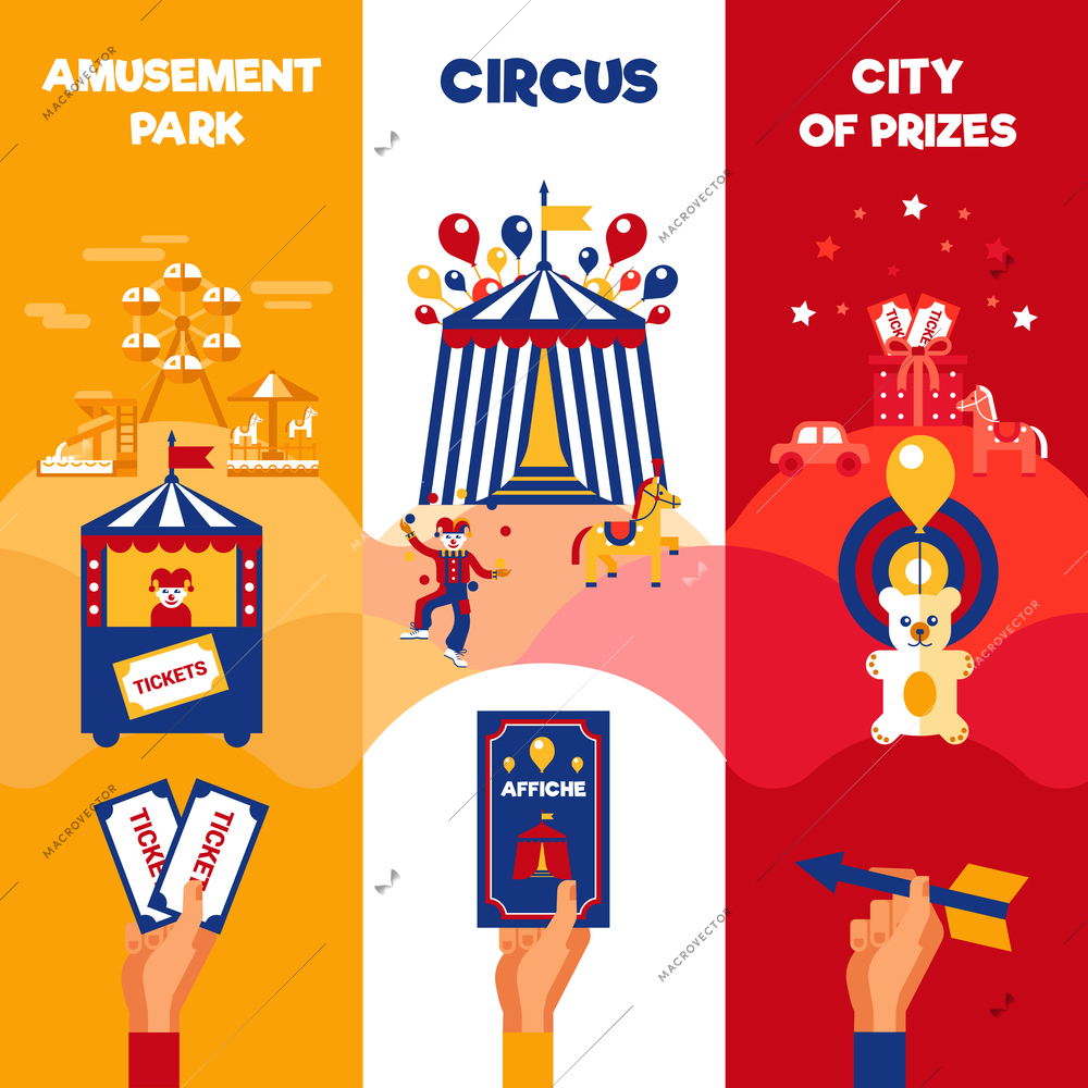 Amusement park entree tickets sale for traveling circus magic show 3 vertical colorful retro banners announcement poster flat  vector illustration