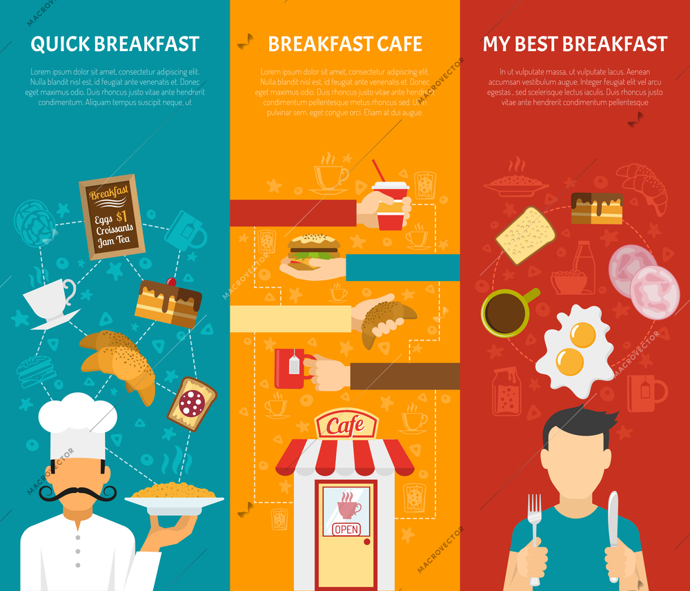 Breakfast vertical banners set with quick breakfast and cafe symbols flat isolated vector illustration