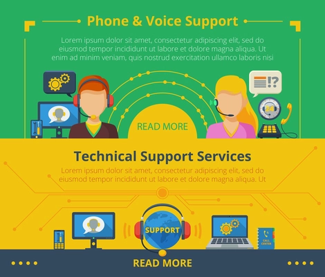 Customer support banner set with technical services flat elements isolated vector illustration