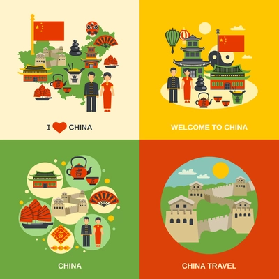 Chinese culture for travelers 4 flat icons square with traditional food  and sightseeing abstract isolated vector illustration