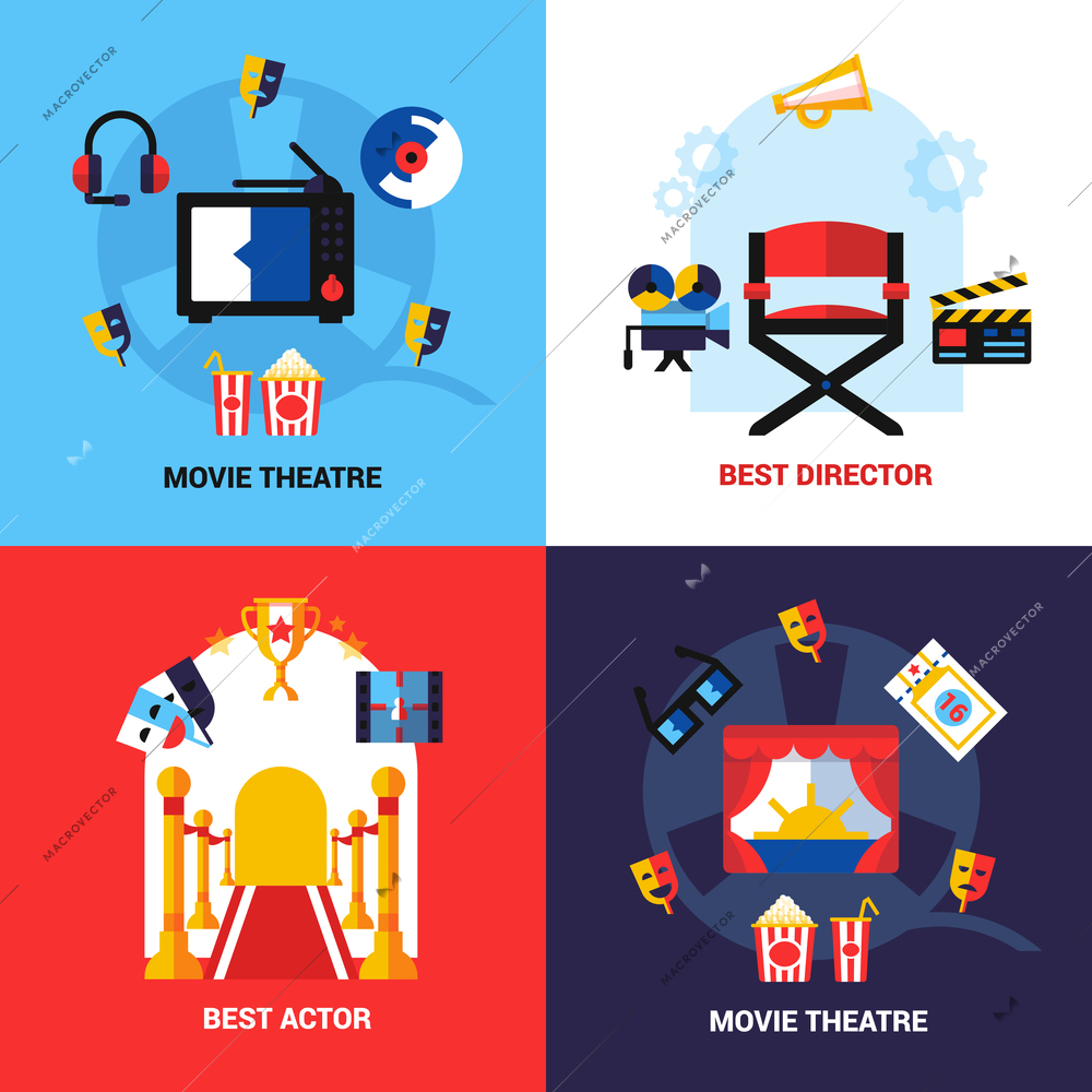 Flat cinema design concept set of festival and movie theatre icons composition vector illustration