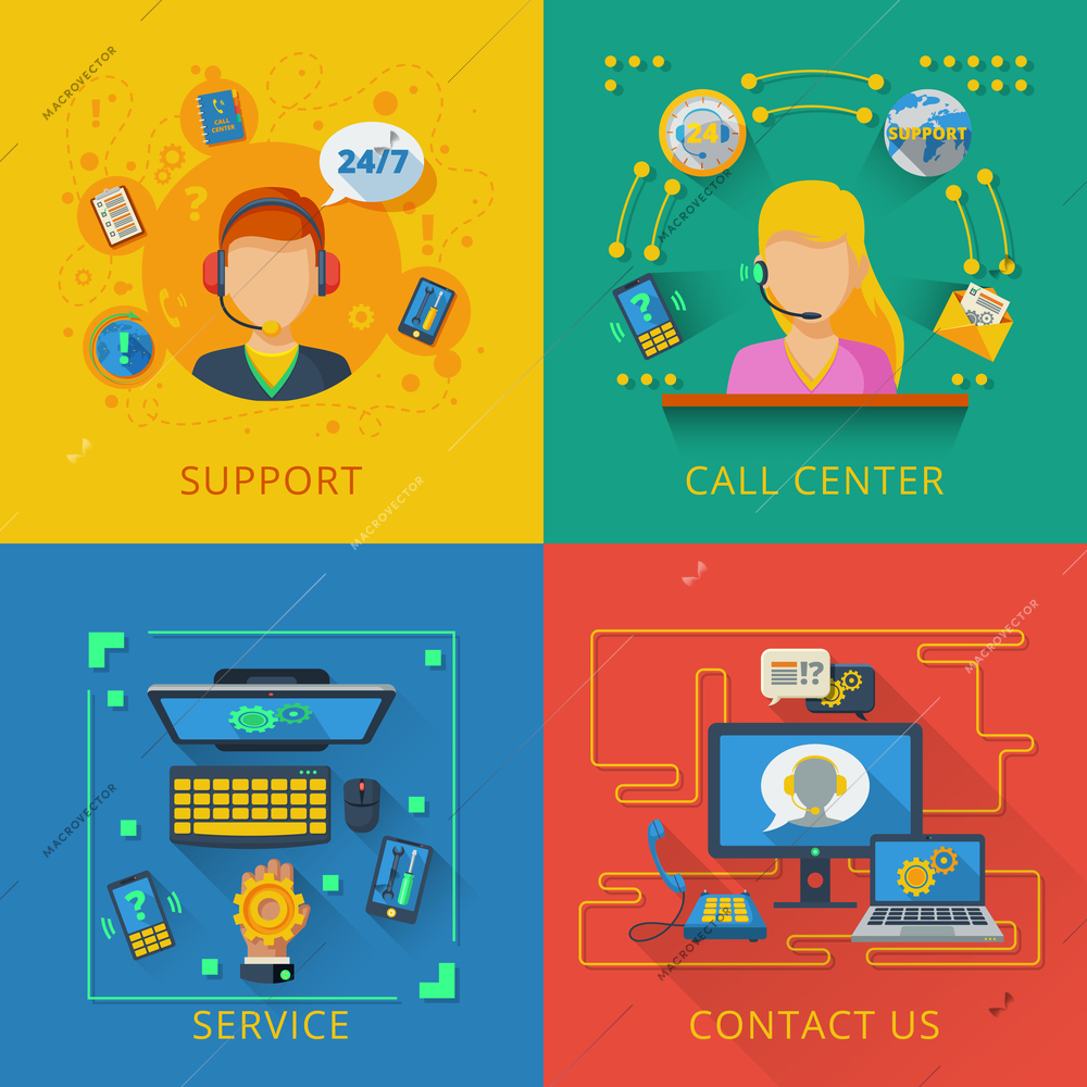 Support design concept set with call center service flat icons isolated vector illustration