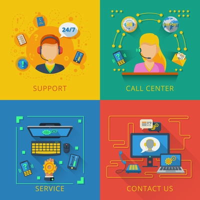 Support design concept set with call center service flat icons isolated vector illustration