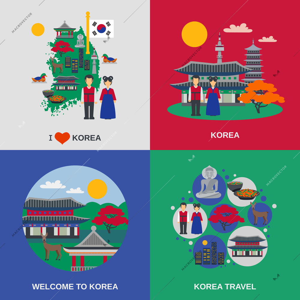 Korean culture for travelers 4 flat icons square with traditional food and sightseeing abstract isolated vector illustration