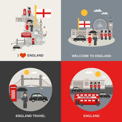 England for tourists 4 flat icons square composition with kingsbridge and big ben abstract isolated vector illustration