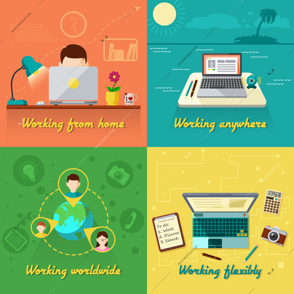 Freelance design concept set with working from home flat icons isolated vector illustration