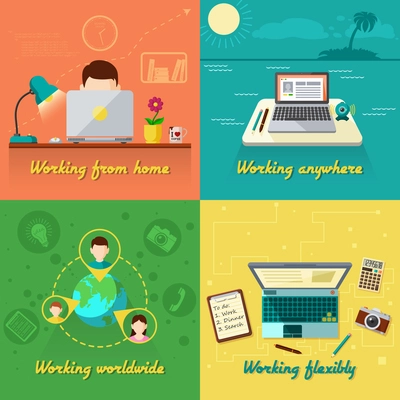 Freelance design concept set with working from home flat icons isolated vector illustration