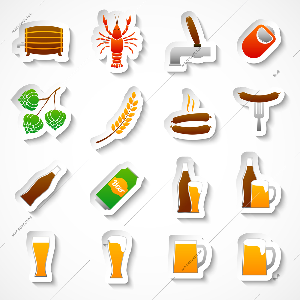 Alcohol beer party stickers set of bottle glass mug crayfish and lobster isolated hand drawn sketch vector illustration