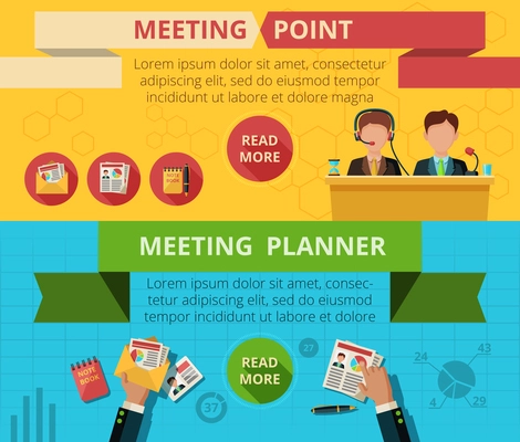 Meeting horizontal banner set with planning and public speaking flat elements isolated vector illustration