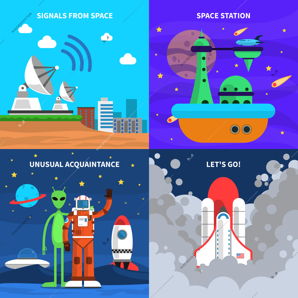 Space design concept set with astronaut flat icons isolated vector illustration