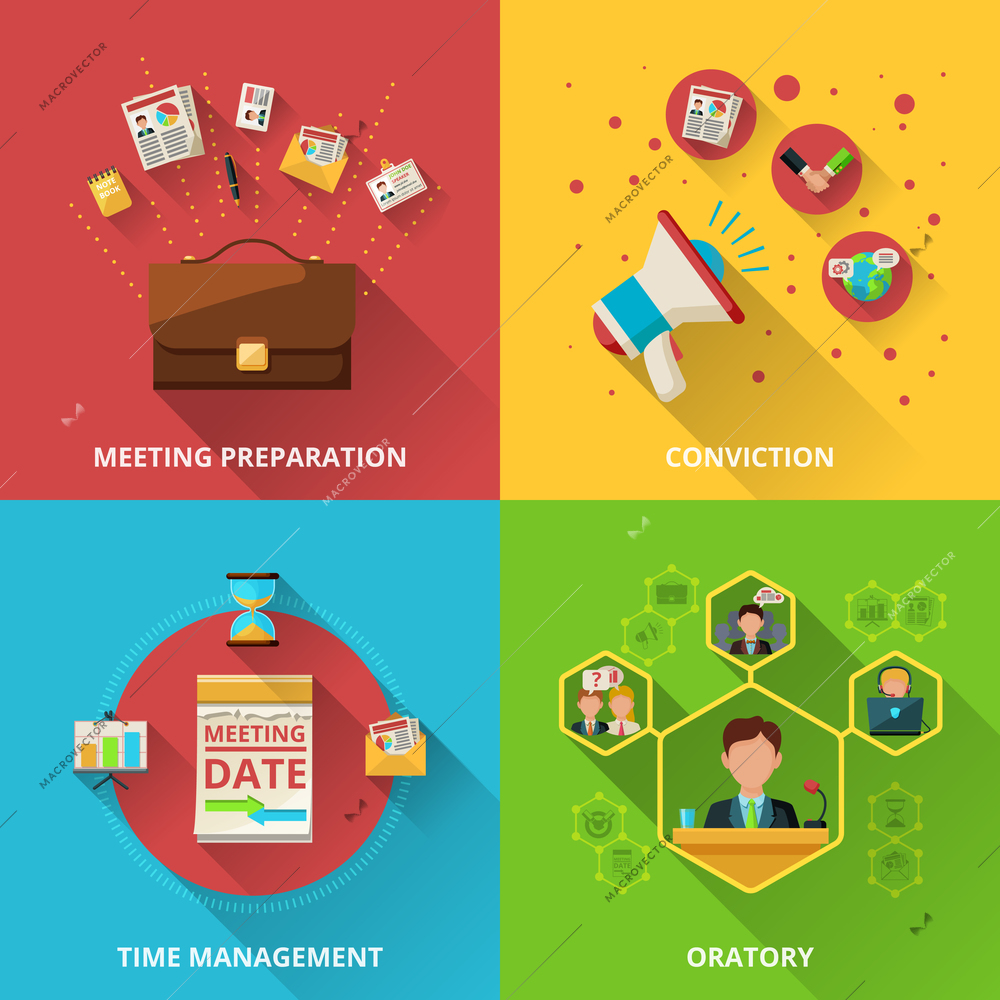 Meeting design concept set with preparation conviction management and oratory flat icons isolated vector illustration