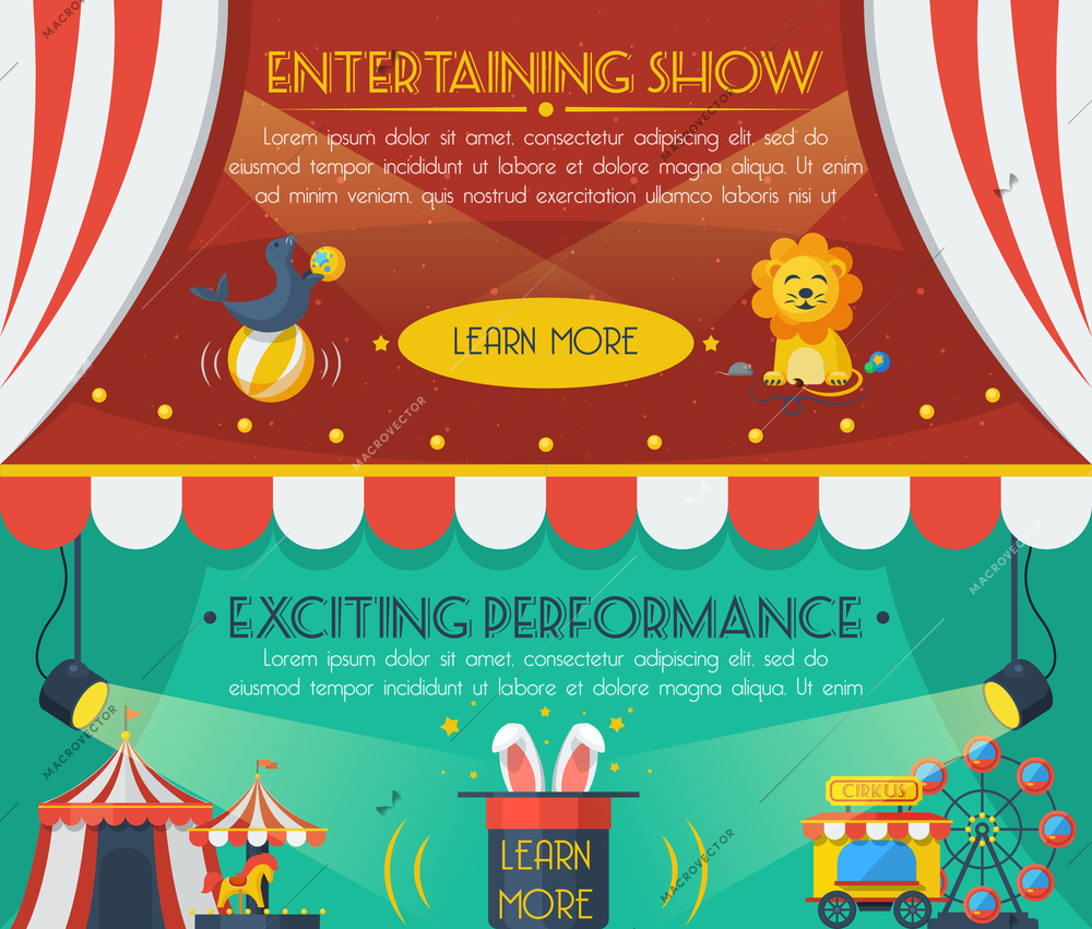 Circus horizontal banner set with entertaining show flat elements isolated vector illustration