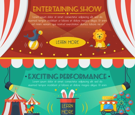 Circus horizontal banner set with entertaining show flat elements isolated vector illustration