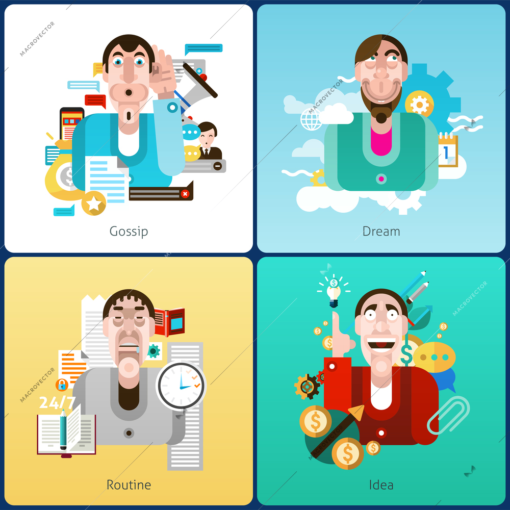 Emotion design concept set with gossip dream routine and idea flat icons isolated vector illustration