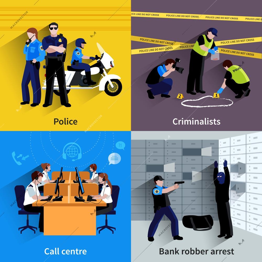 Police square concept set of policeman people bank robber arrest working criminalists and call center flat shadow vector illustration