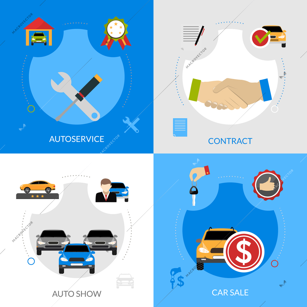 Car dealership flat icons composition of automobile sale autoservice buying contract and auto show square concept vector illustration