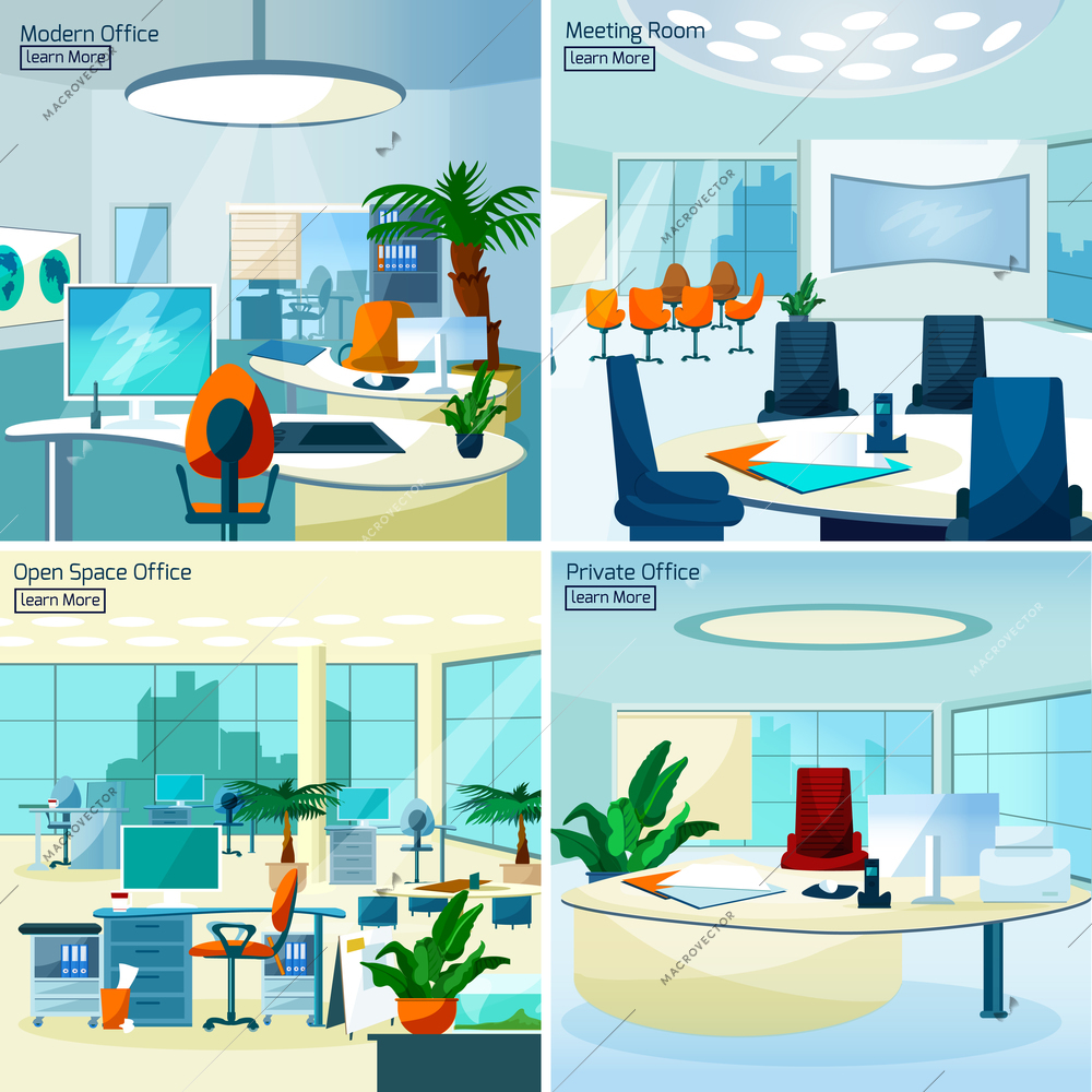 Modern office interiors 2x2 design concept set with meeting room open space office and private workspace flat vector illustration